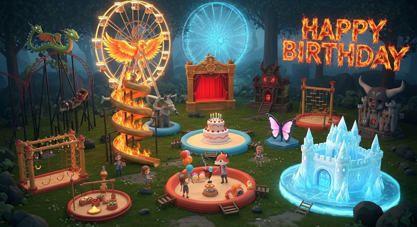 Mythical forest birthday background with wolf spirit climbing frame butterfly sprite inflatable challenge sea spirit fountain splash area and fox spirit creating fantasy amusement park celebration for kids