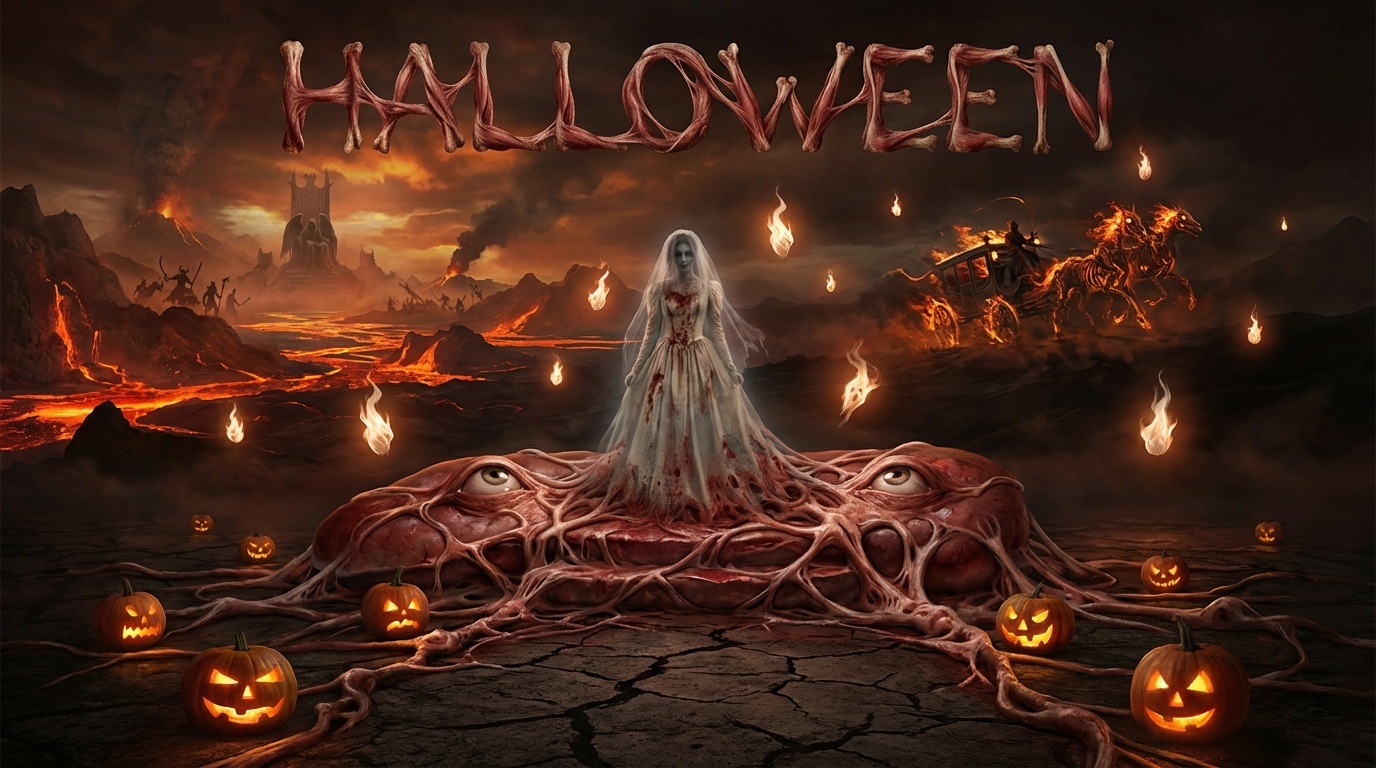 Flaming spectral carriage crossing an infernal horizon behind a gothic wedding composition