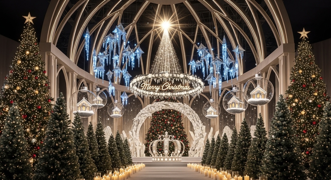 Floating transparent ornaments with miniature snow chapels, adding depth to a modern fantasy Christmas wedding background