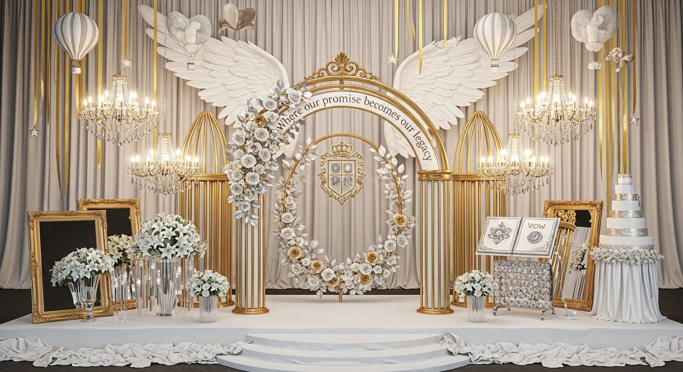 Formal manor wedding photo backdrop with gold ribbon installations and crystal vases filled with white lilies and roses, ideal for couples seeking timeless wedding ideas