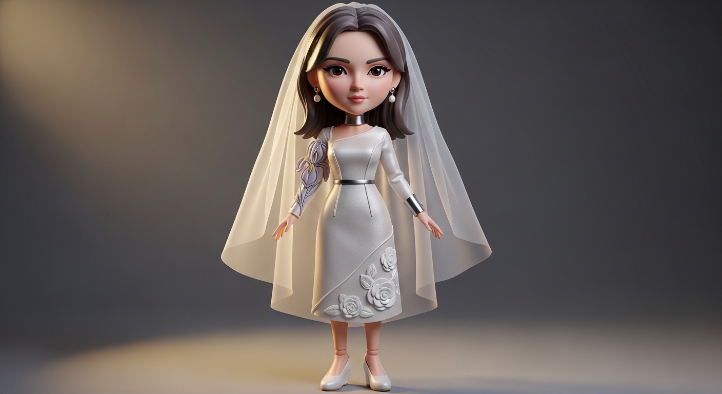 Full-body perspective of the Aquarius-inspired doll on a modern office desk, iris embroidery subtly textured against neutral wall panels