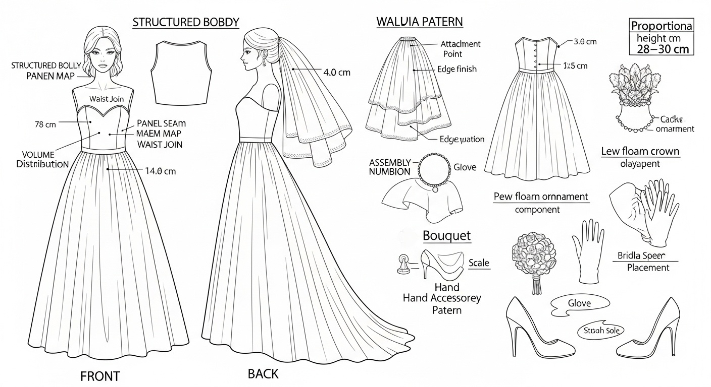 Full-figure collectible standing as a ceremonial axis in a romantic garden reception environment BLUEPRINT PROMPT