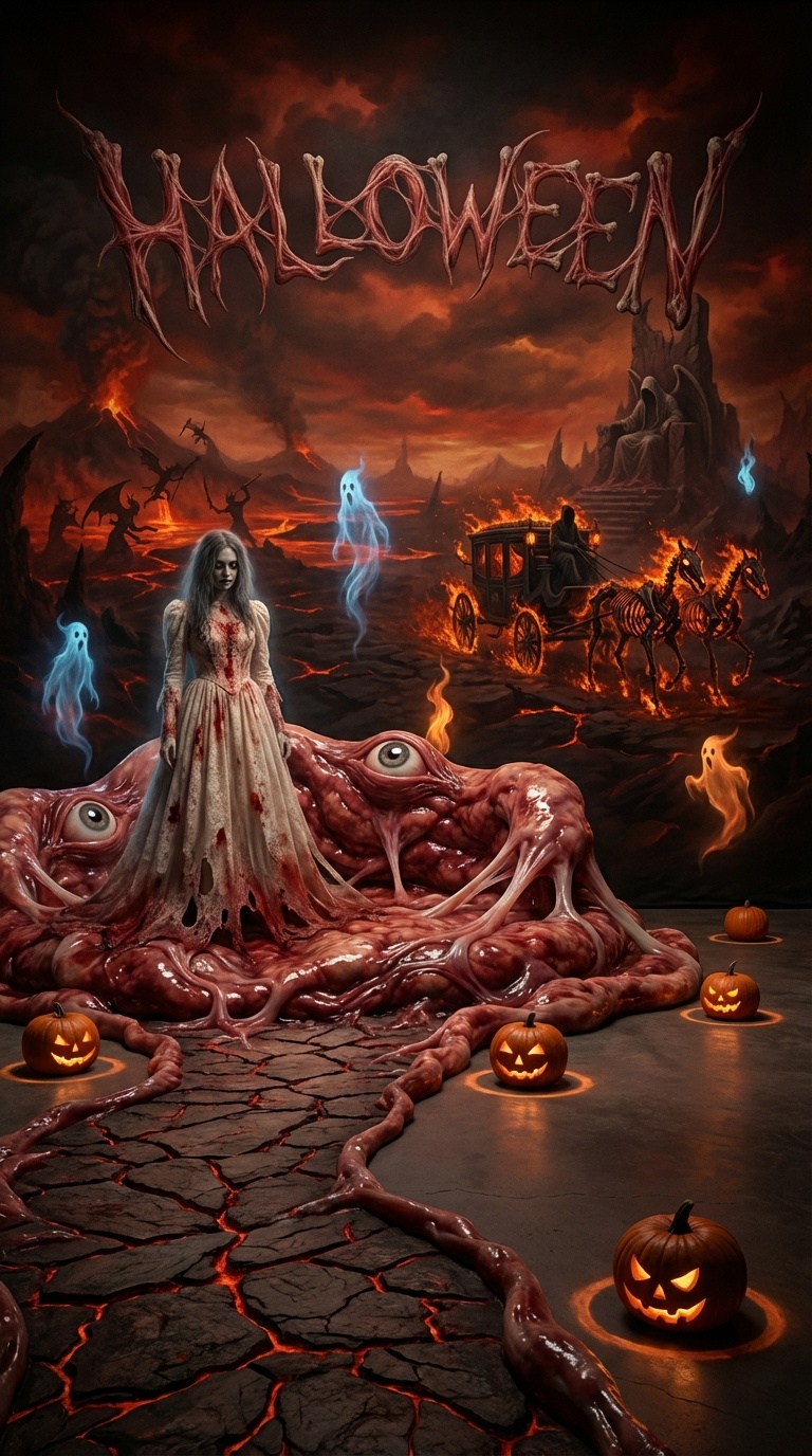 Ghost bride standing on a living flesh altar in a panoramic hell battlefield wedding scene