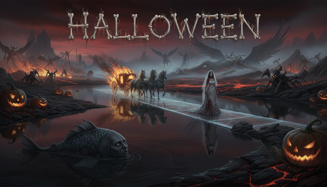 Ghost carriage crossing a reflective underworld wedding path