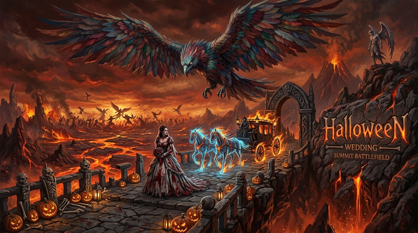 Ghost horses pulling a flame-lit carriage across a summit platform with glowing pumpkins