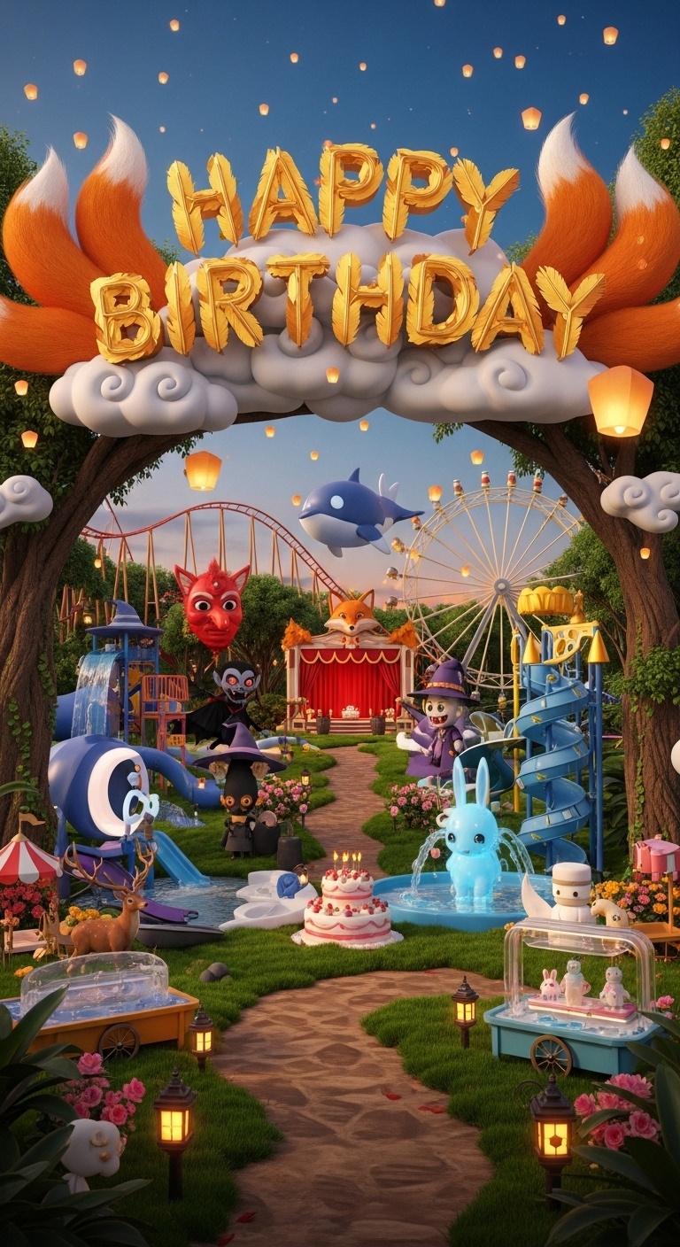 Golden Pegasus maze glowing beside a central birthday cake in a mythical forest amusement park scene for kids celebration photography