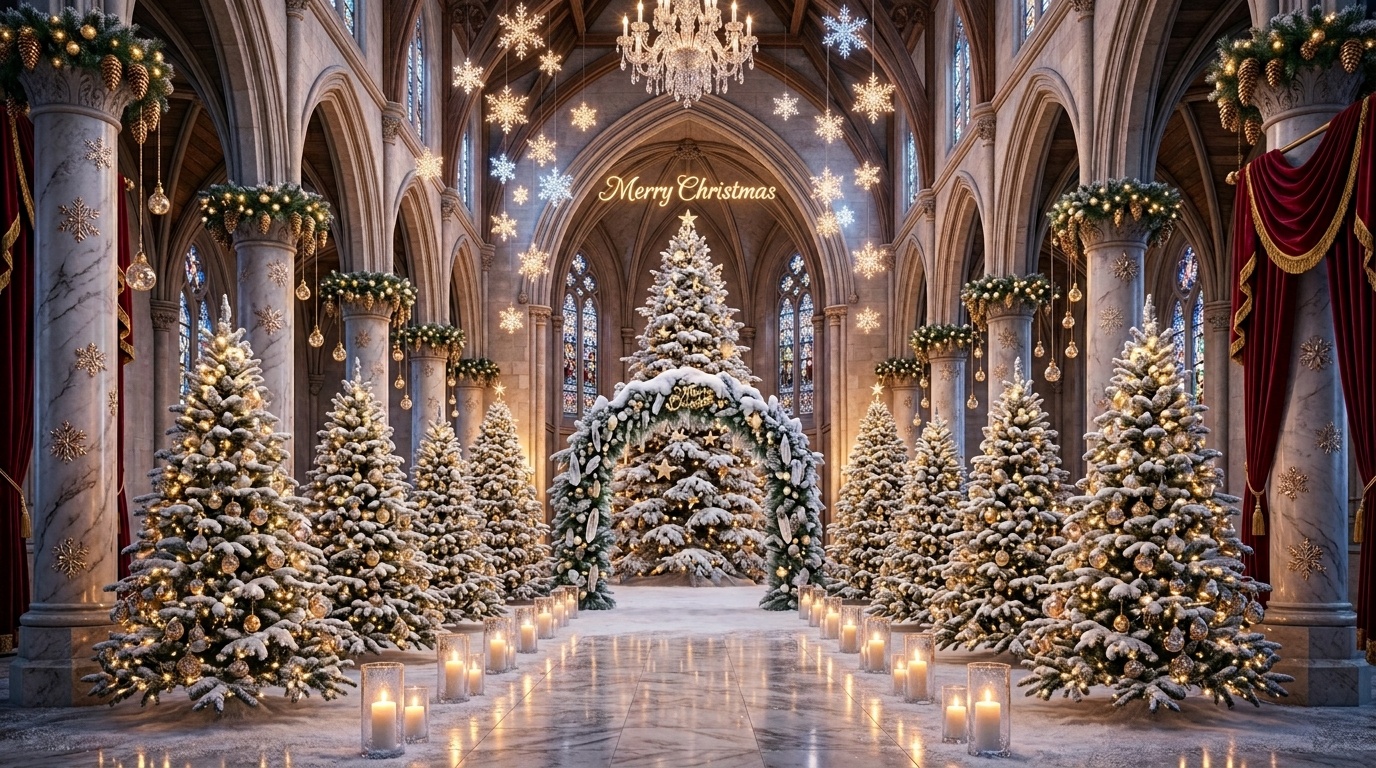 Golden pine cone garlands glowing softly along cathedral railings in a cozy holiday reception hall