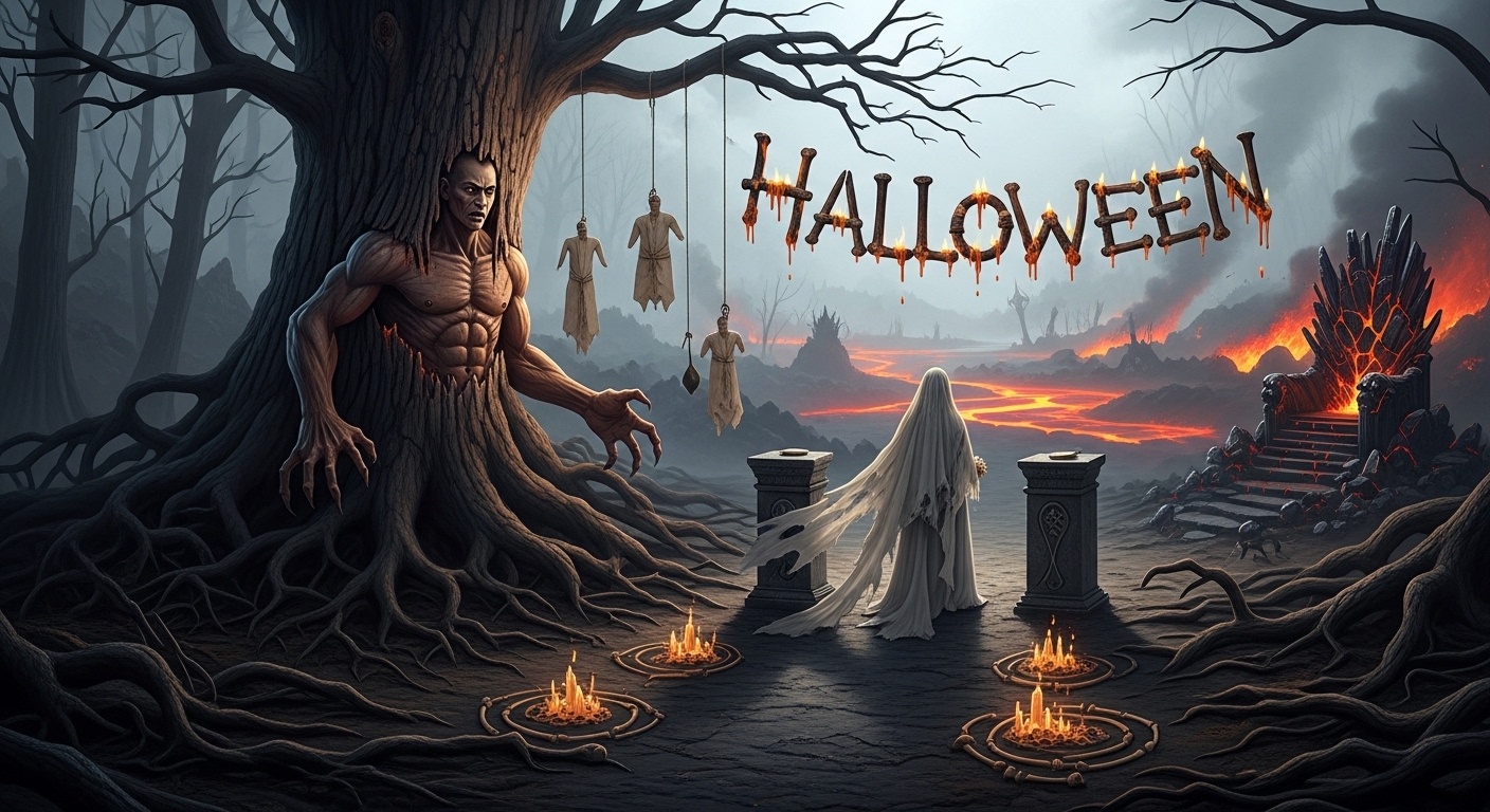 Gothic Halloween wedding photography background with territorial folklore guardian