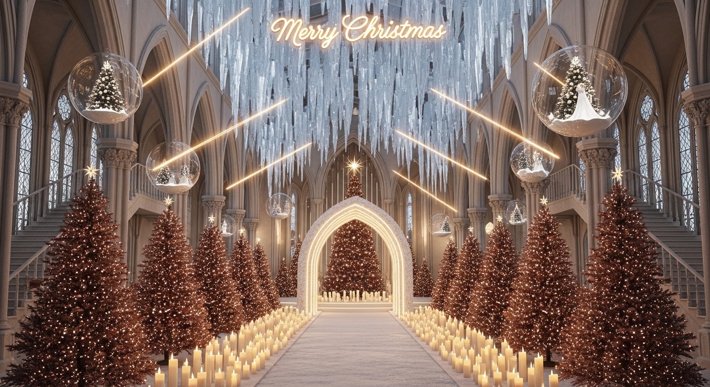 Grand gothic cathedral Christmas wedding backdrop with symmetrical fir tree aisle for luxury studio portraits
