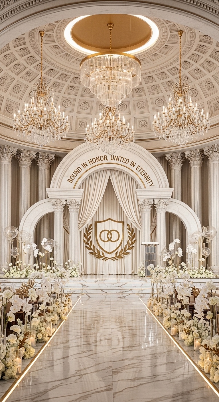Grand marble aisle wedding backdrop with double ivory dome, crystal chandeliers, and symmetrical Corinthian columns for a royal style wedding stage portrait