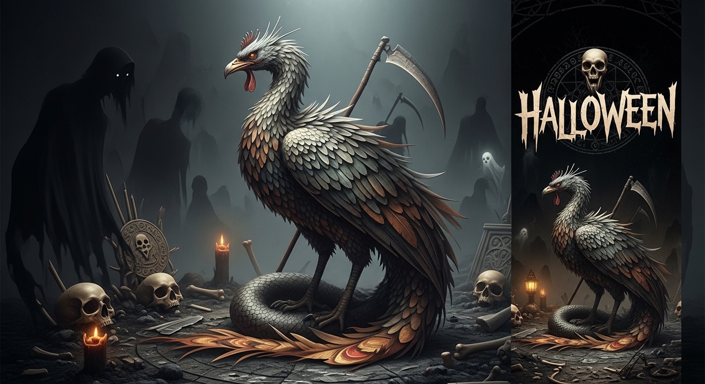 Halloween folklore banner featuring a multi-anatomical Phoenix surrounded by skulls and ritual symbols