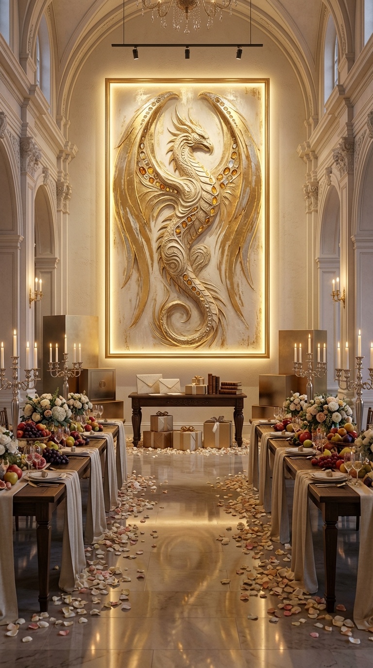 Long-perspective banquet hall composition highlighting a large-scale myth-inspired abundance installation suitable for post-wedding home display