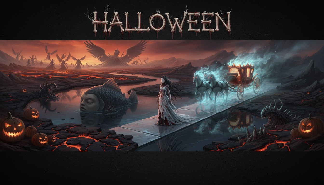 Human-faced river creature beneath a ceremonial black-water aisle