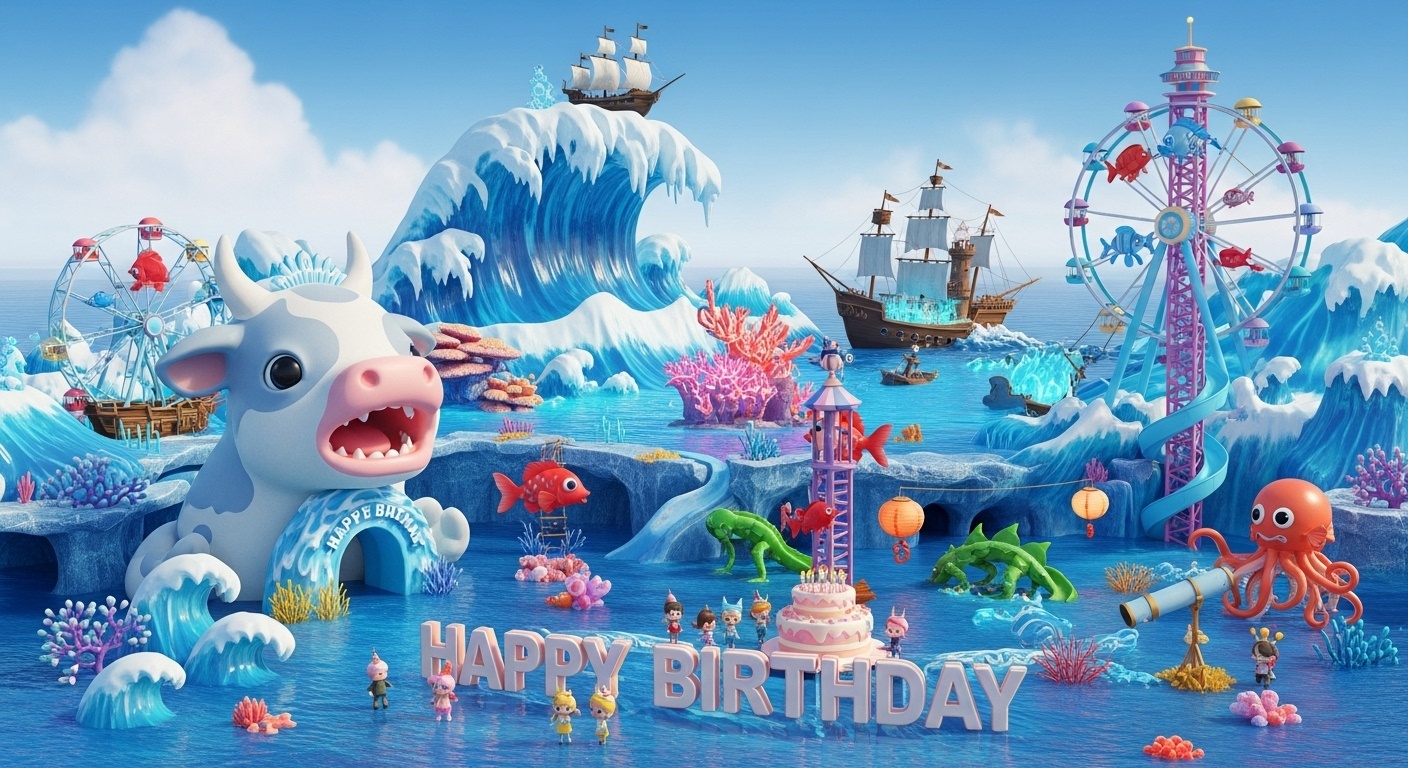 Illustrated spring ocean birthday backdrop showing a siren mouth entrance coral reef castle octopus telescope slide and imaginative sea themed playground for children