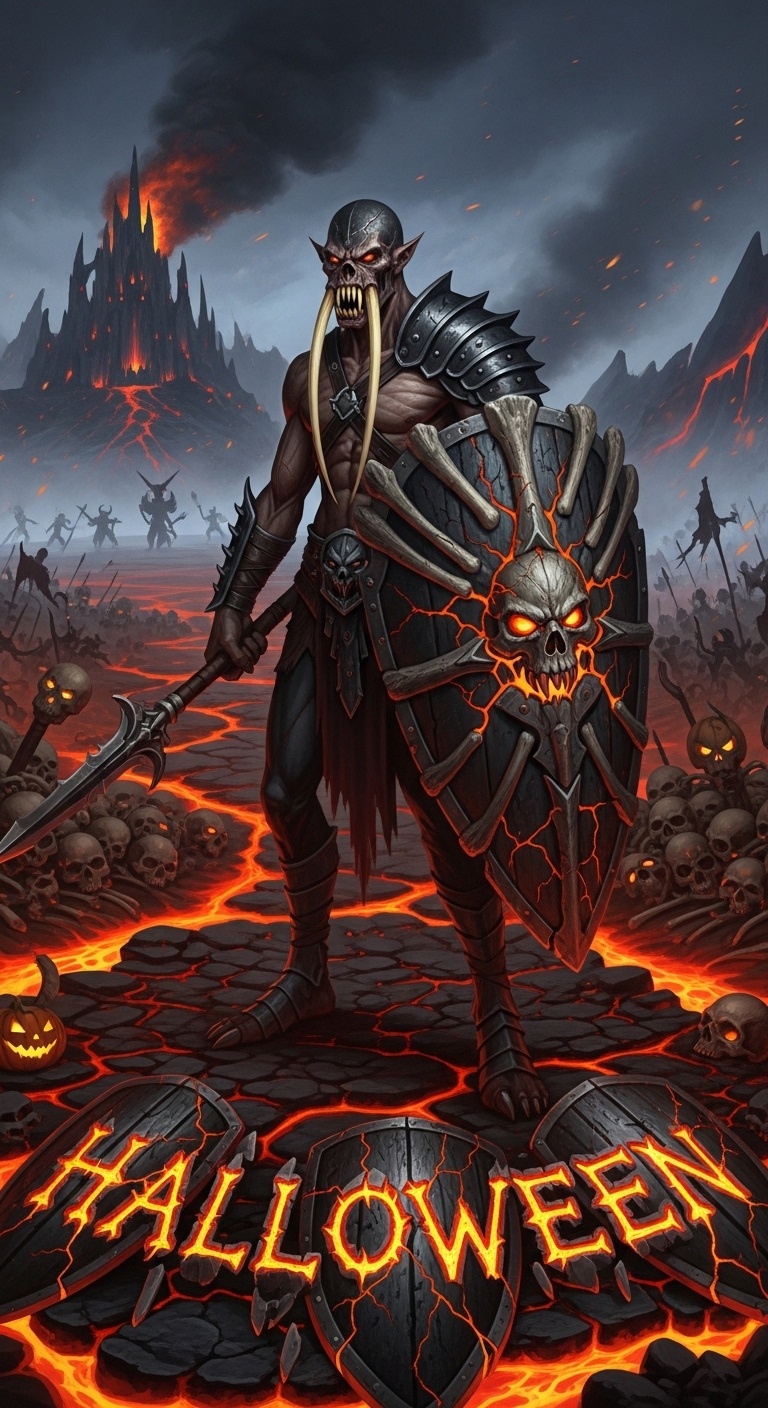 Immersive horror photography background with battlefield debris and custom carved “Halloween” typography