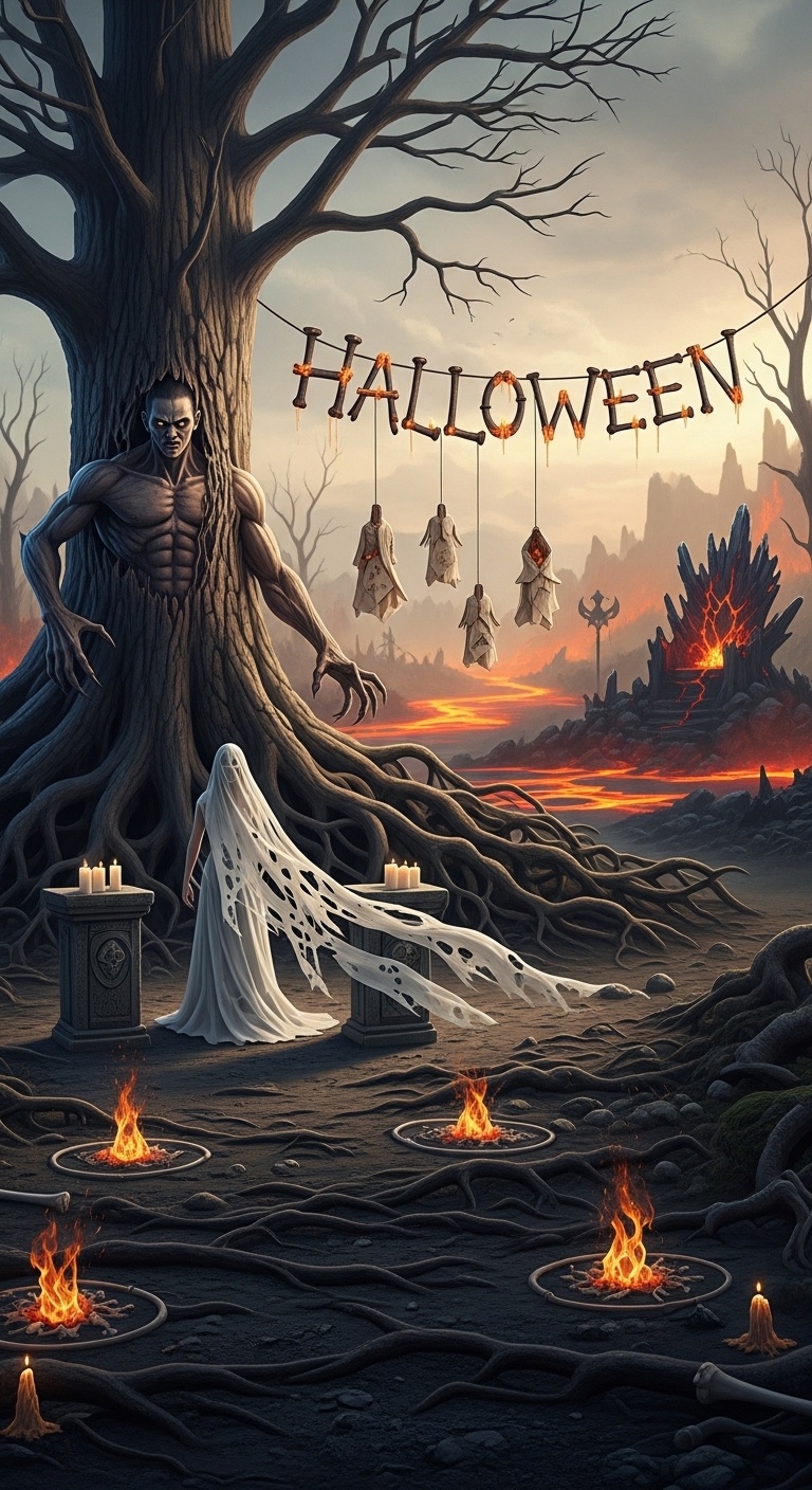 Immersive taboo folklore wedding installation with custom Halloween ritual typography