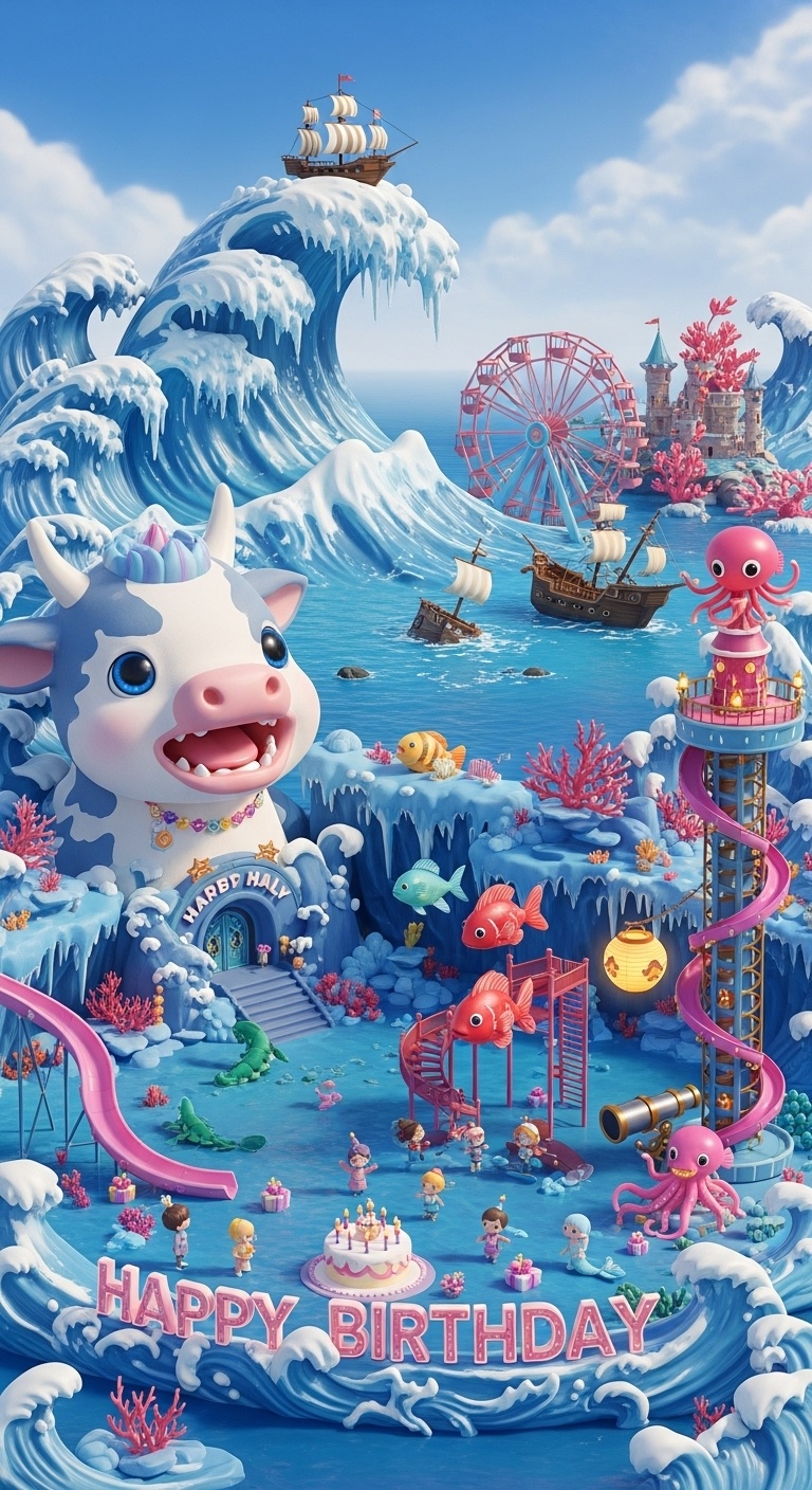 Kids birthday party background art featuring a spring ocean fairy amusement park with pirate ship waves flying fish rides tile fish ferris wheel and happy children in a fantasy playground