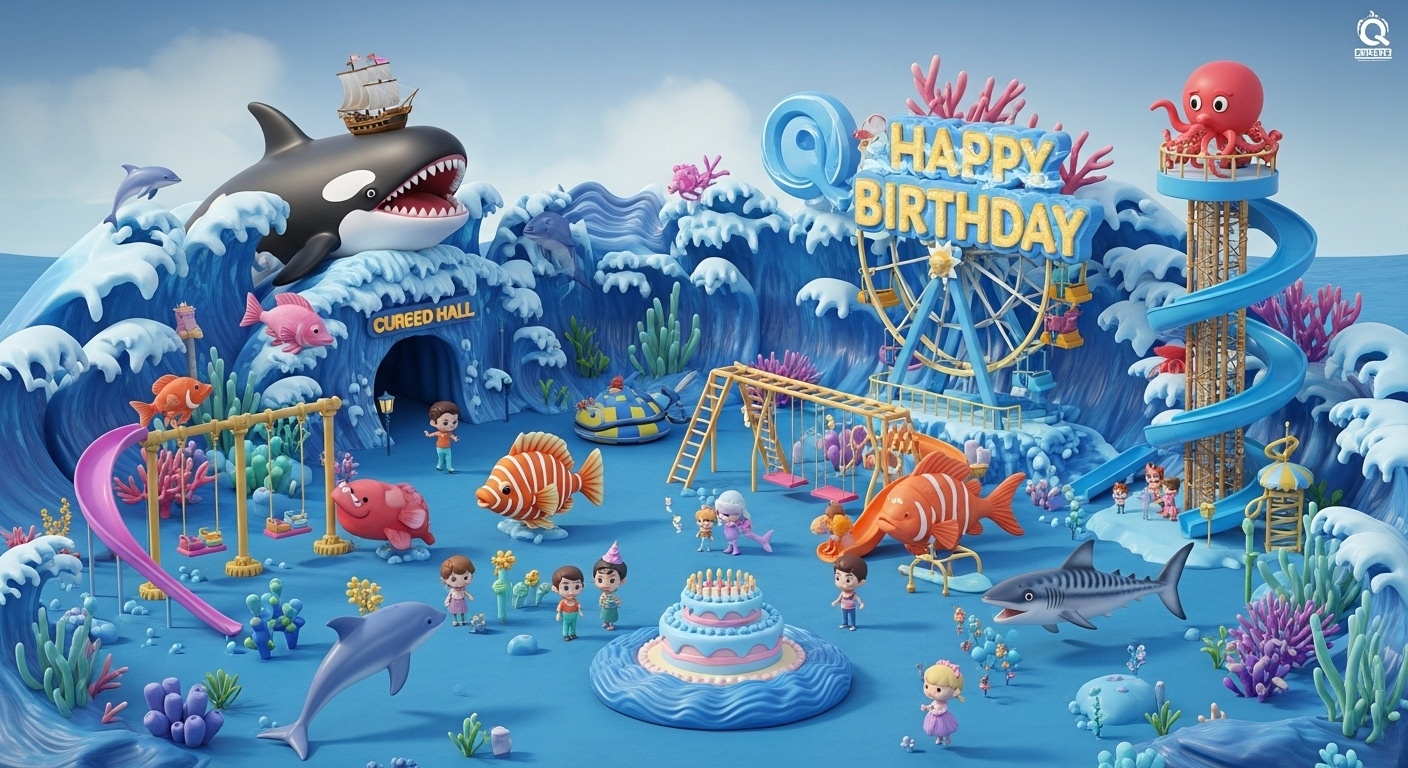 Kids birthday party background art featuring a spring sea amusement park with an orca siren mouth entrance electric ray bumper cars jellyfish towers octopus telescope slide and joyful children