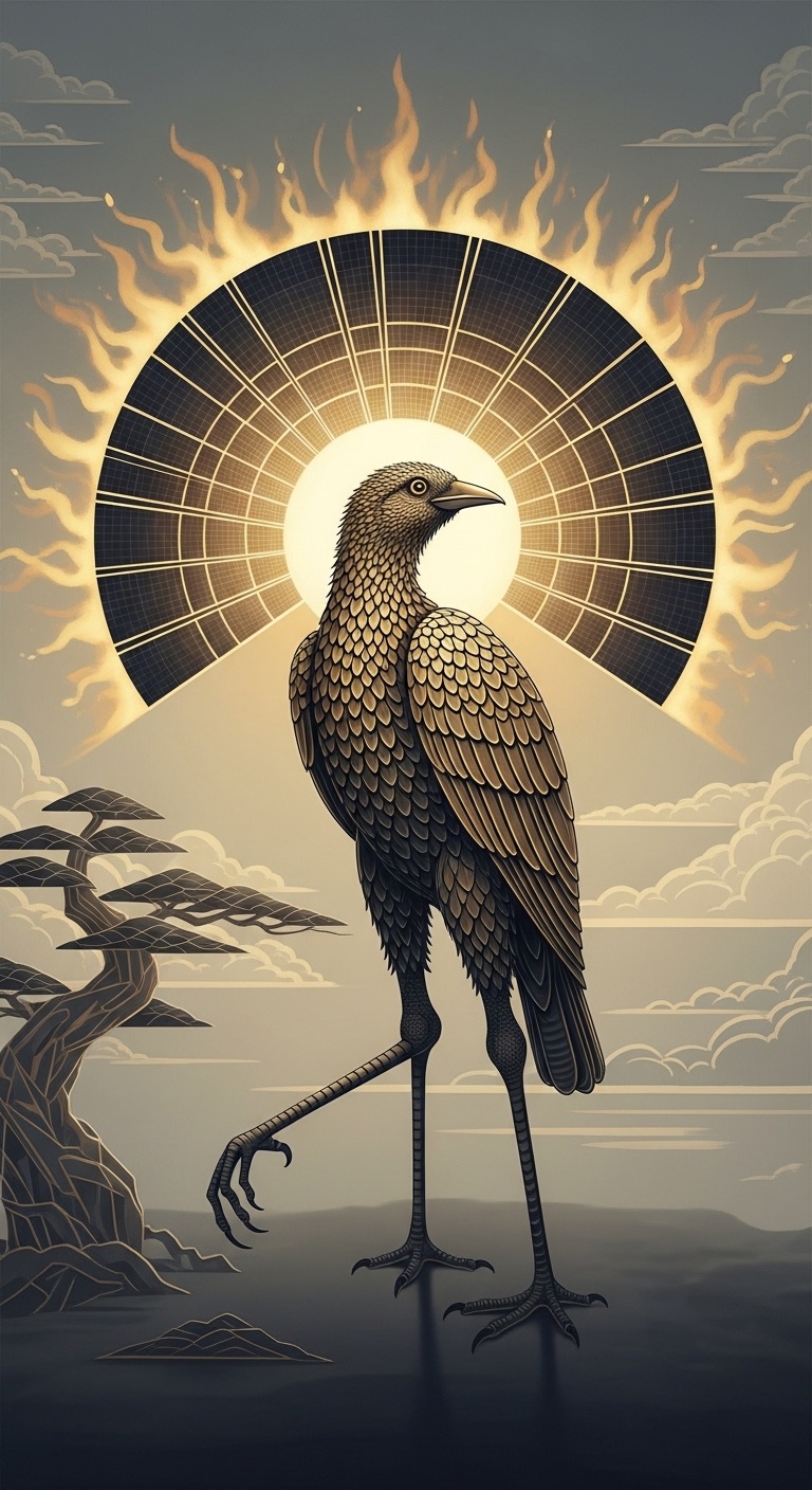 Large Golden Crow solar bird wall art displayed in a minimalist living room with soft daylight and neutral furnishings, creating a calm yet radiant focal point