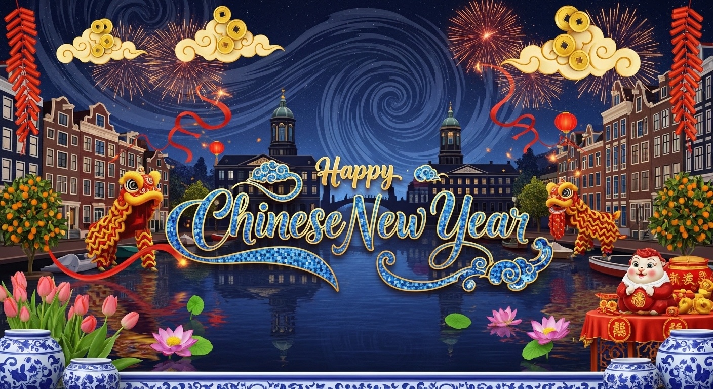 Luxury Amsterdam Canal Year of the Horse 2026 Chinese New Year Photography Backdrop