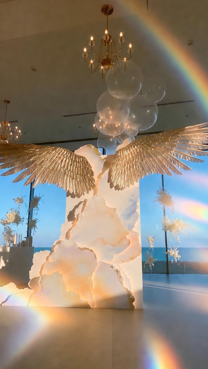 Grand chandelier reception hall reflecting across a large-scale mythical bird poster used as a modern wedding navigation display.