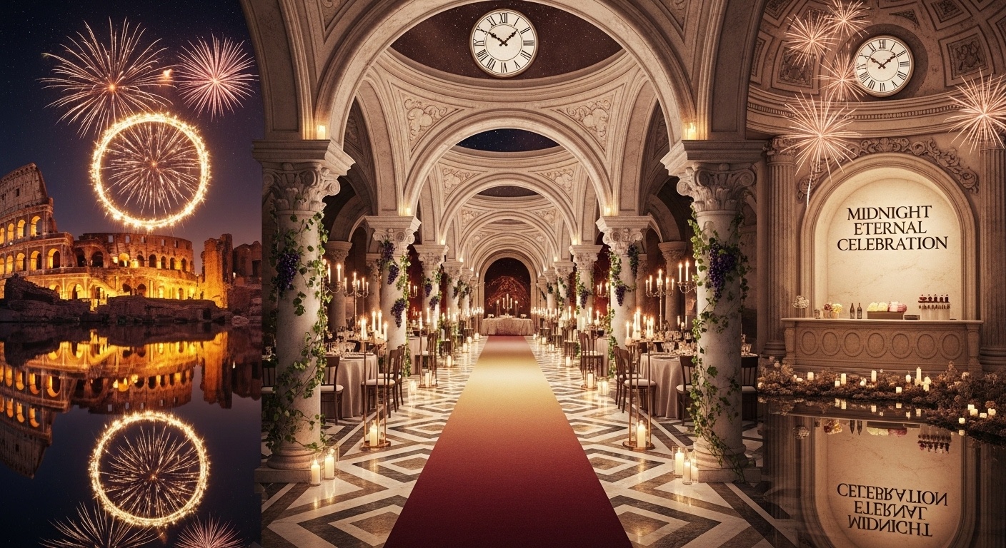 Luxury Rome New Year wedding backdrop for high-end photography studios featuring illuminated ruins and fireworks