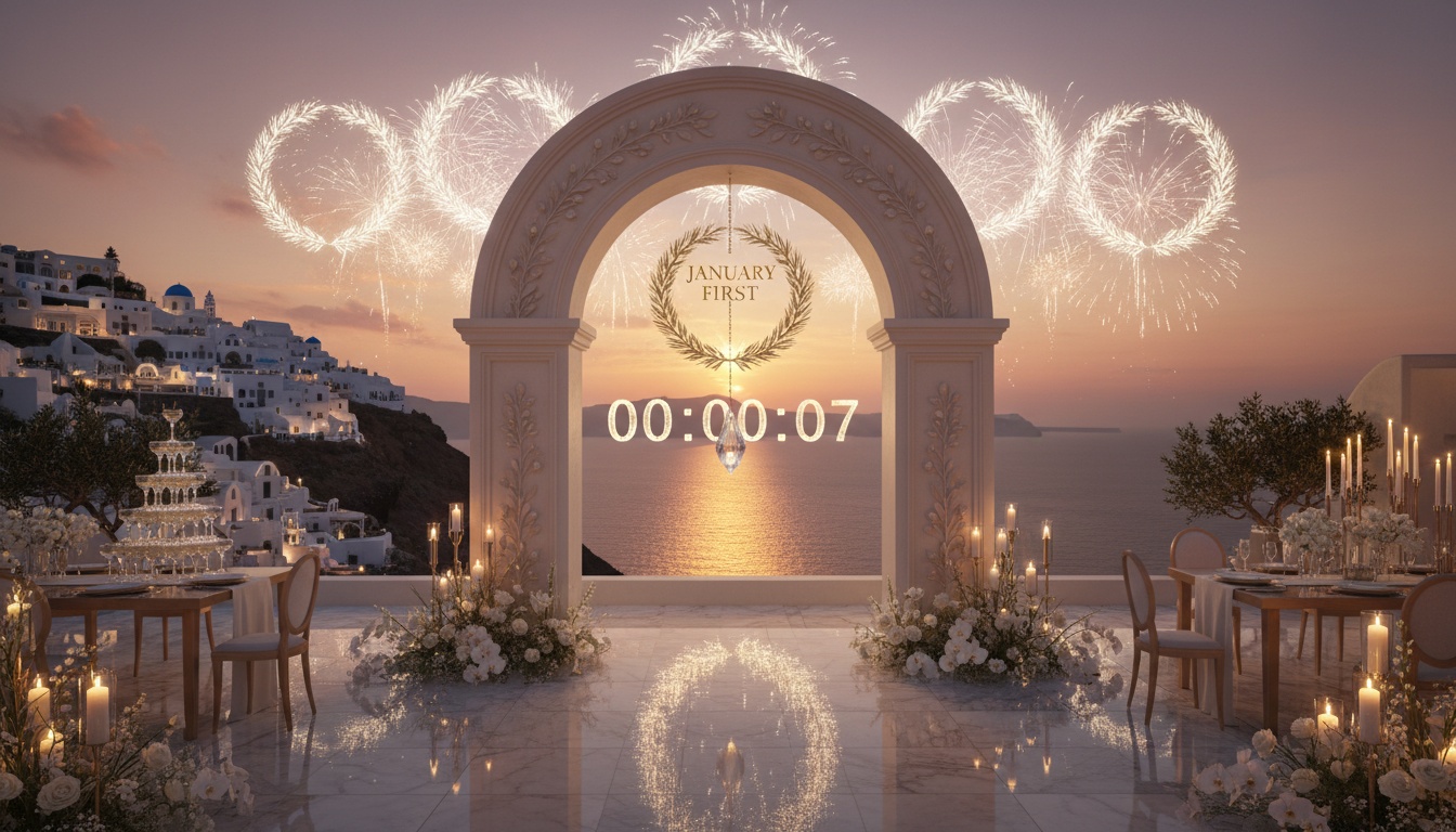 Luxury Santorini cliffside New Year wedding photography backdrop for high-end studios and destination wedding planners