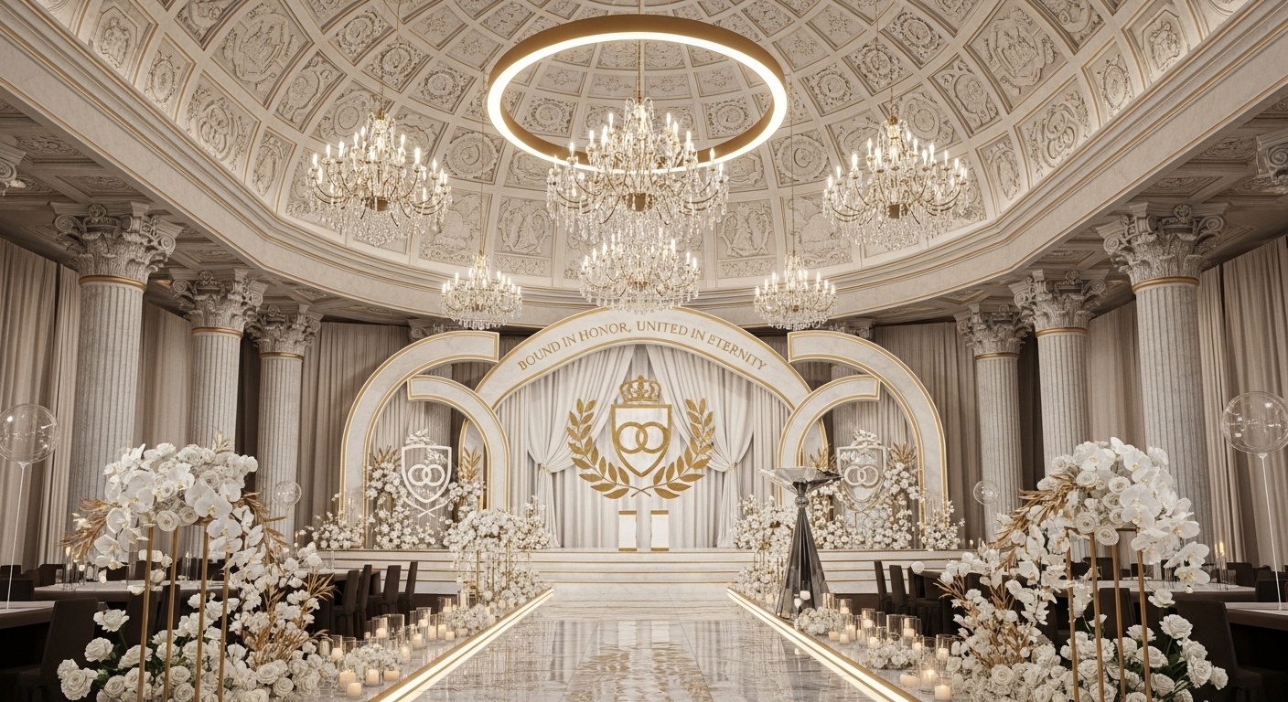 Luxury cathedral wedding background featuring mirrored champagne marble floor and silk-draped dual arch with abstract crest emblem