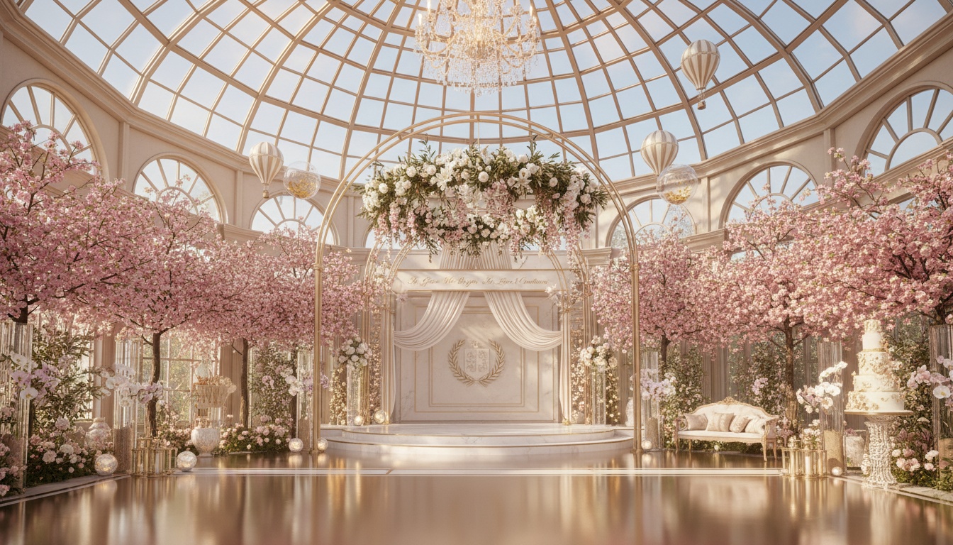 Luxury fairy wedding conservatory background featuring vertical orchid installations, laurel accents, and a central vow platform for multi-generation family photo compositions