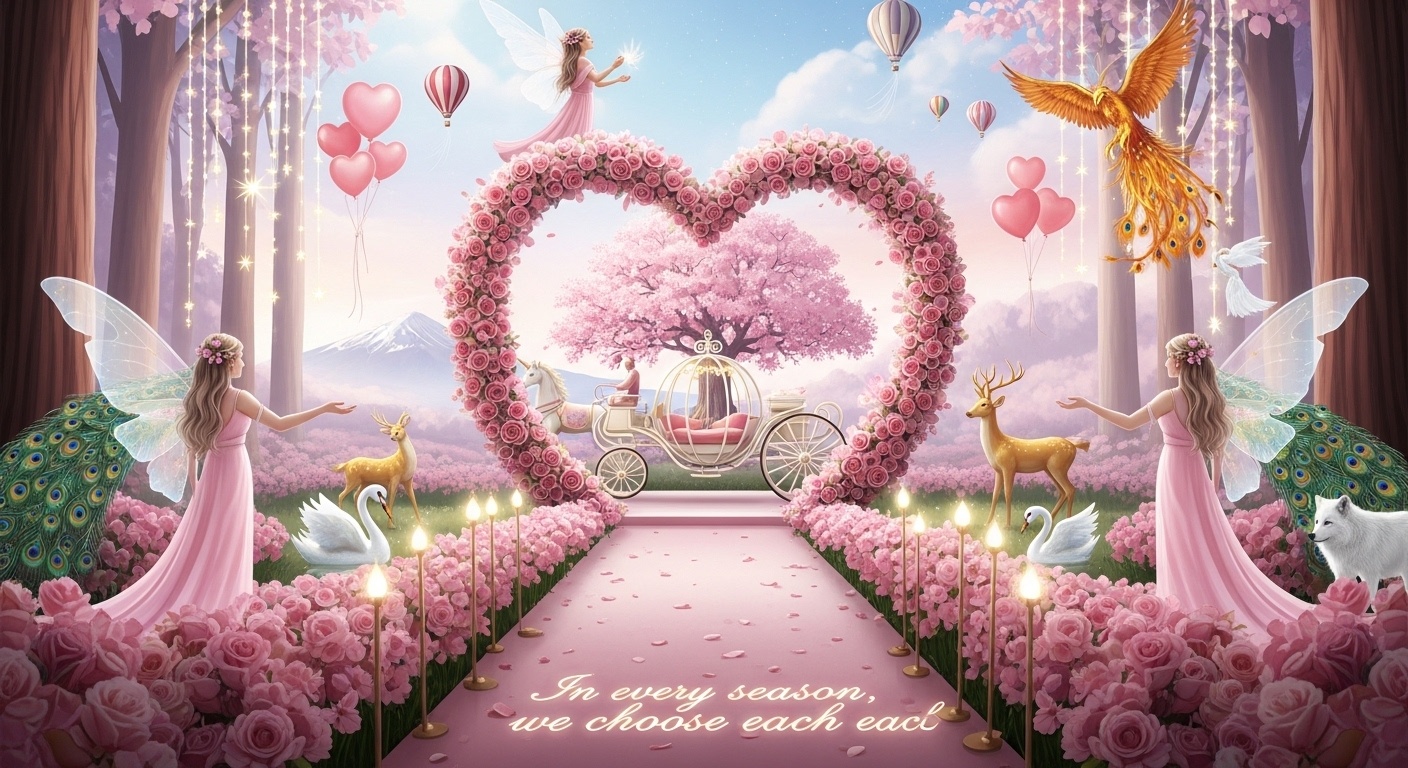 Luxury studio wedding scene with translucent guardian figures and layered nature spirits for elegant group photography flow