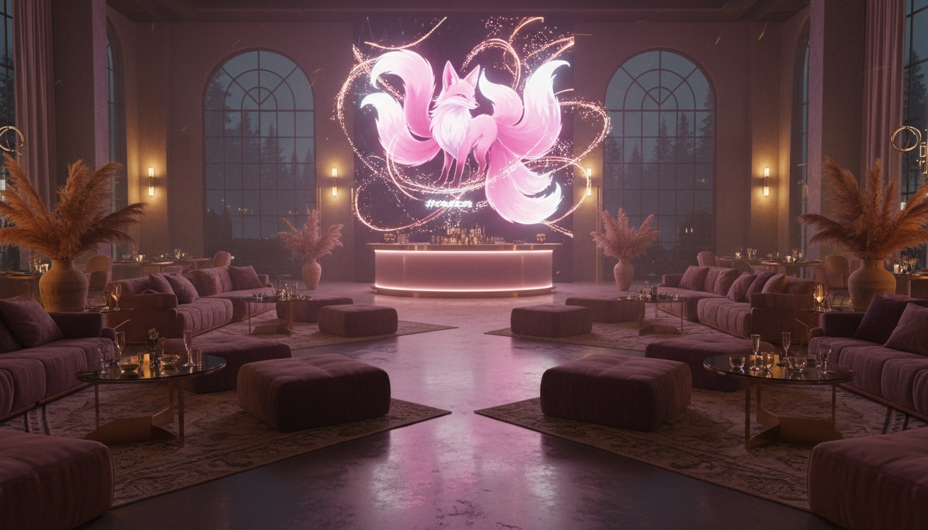 Layered lighting, fox-tail masks, and reflective surfaces creating a playful yet refined ceremony transition space.