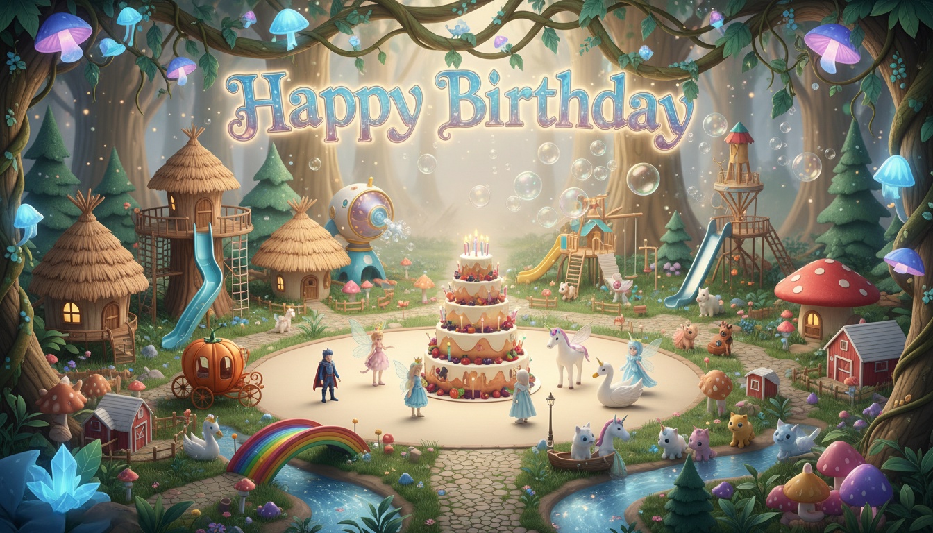 Mini village woodland play town with rainbow bridge and adventure tower in a magical birthday amusement park illustration