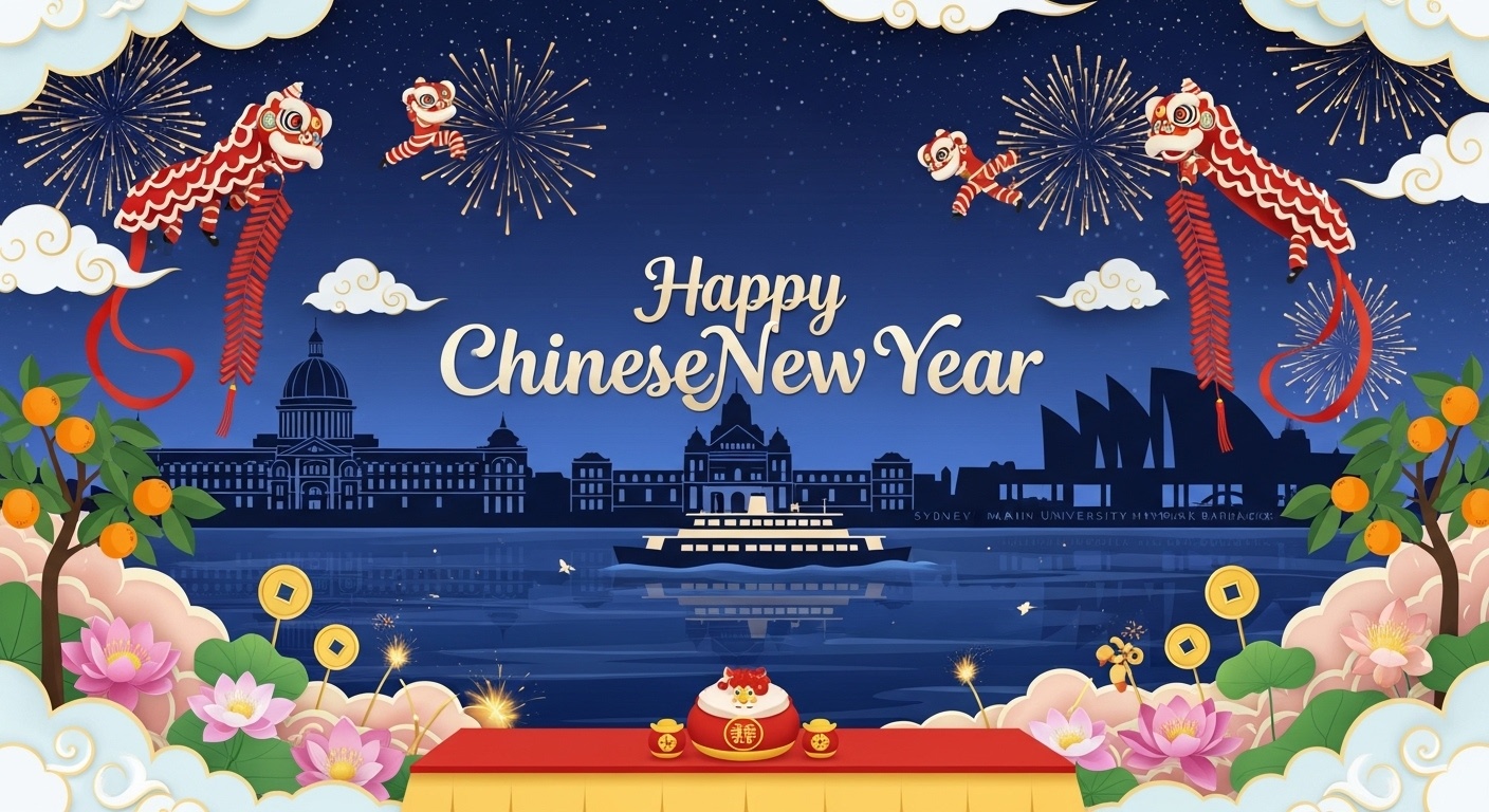 Modern Sydney Landmark Chinese New Year Background with Lion Dance and Fireworks for Portrait Photography