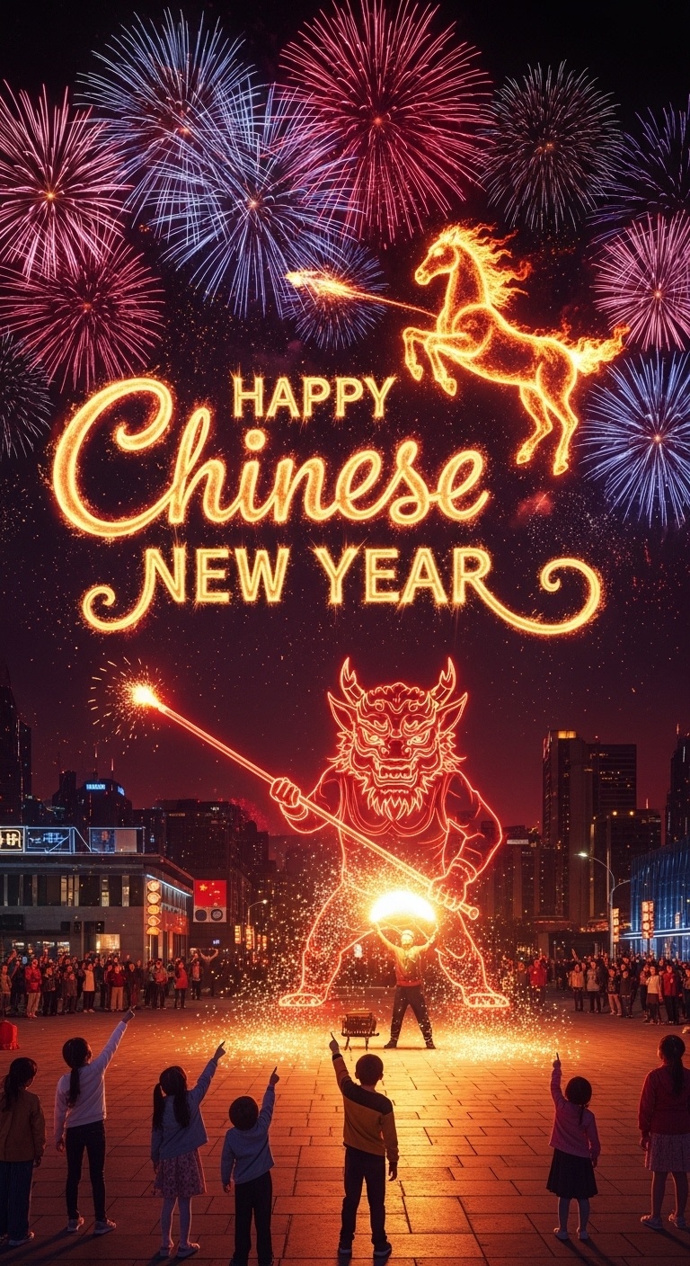 Modern tech Chinese New Year banner backdrop for urban festivals and city celebrations