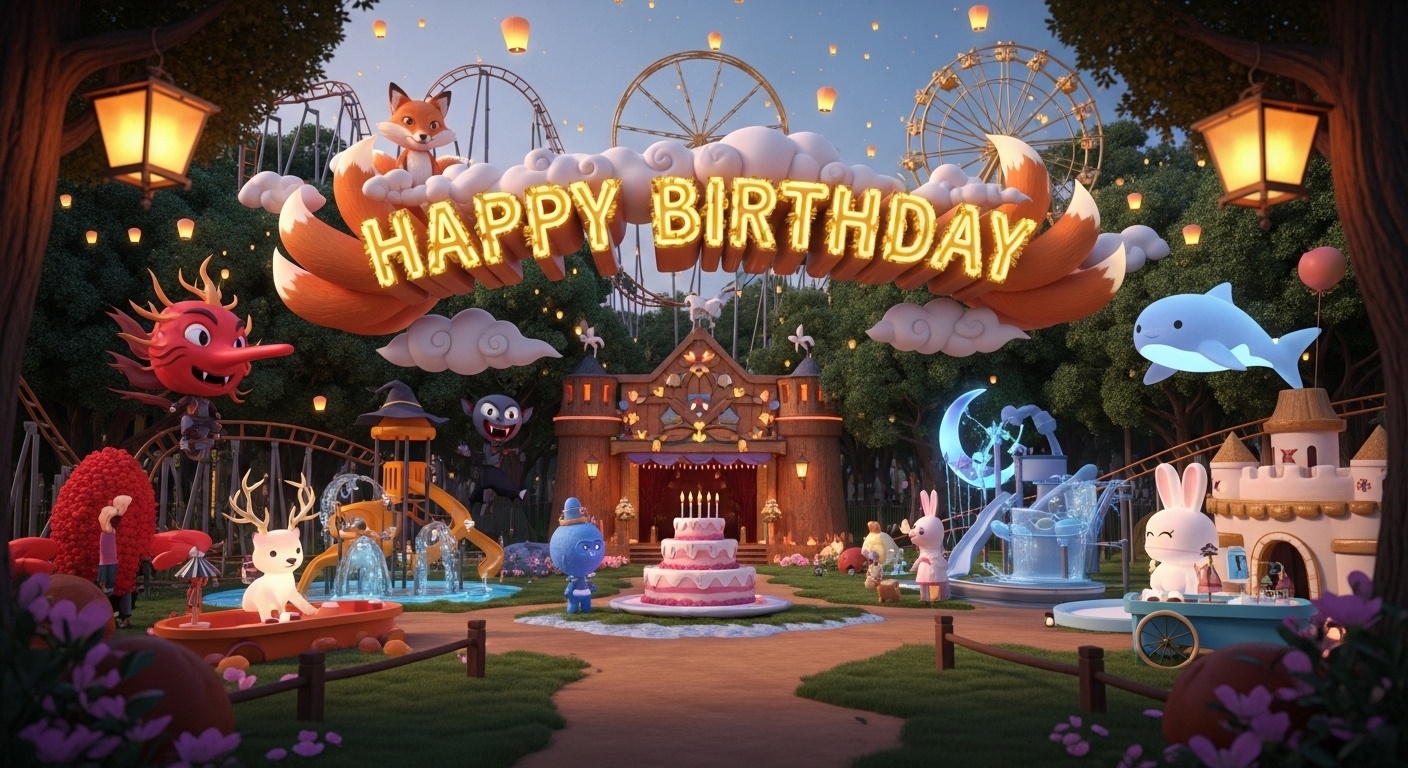 Moon Rabbit fountain reflecting soft light near a Jelly Slime sand water play area in a fantasy birthday backdrop for family portraits