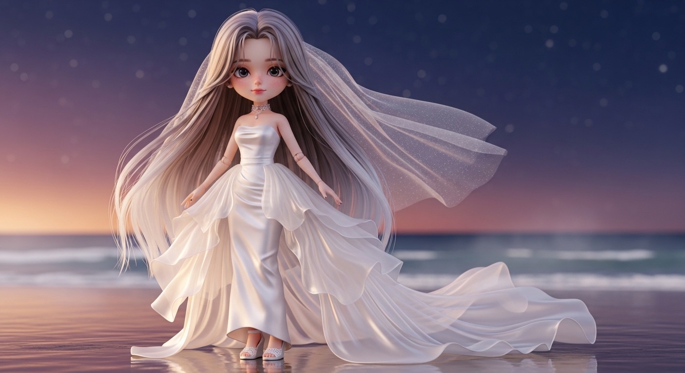 Moonlight caught between floating translucent fabrics above a reflective lakeside stage