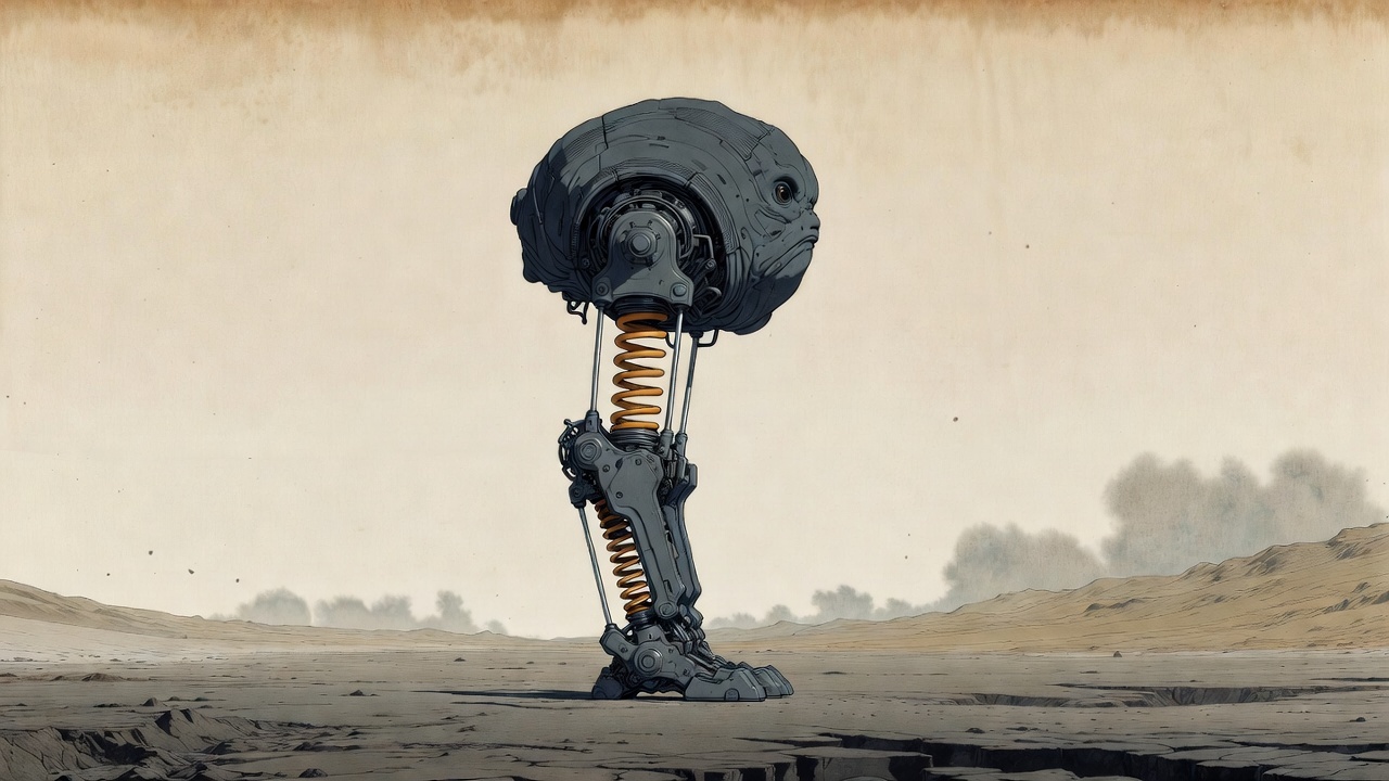 Motion-inspired myth creature poster featuring a mechanical jumper in a desert wasteland, designed for creative studio wall inspiration