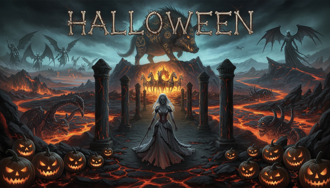 Mountain Beast at the Underworld Marriage – Large-Scale Gothic Halloween Banner Concepts for Exhibition Spaces and Ritual-Style Weddings