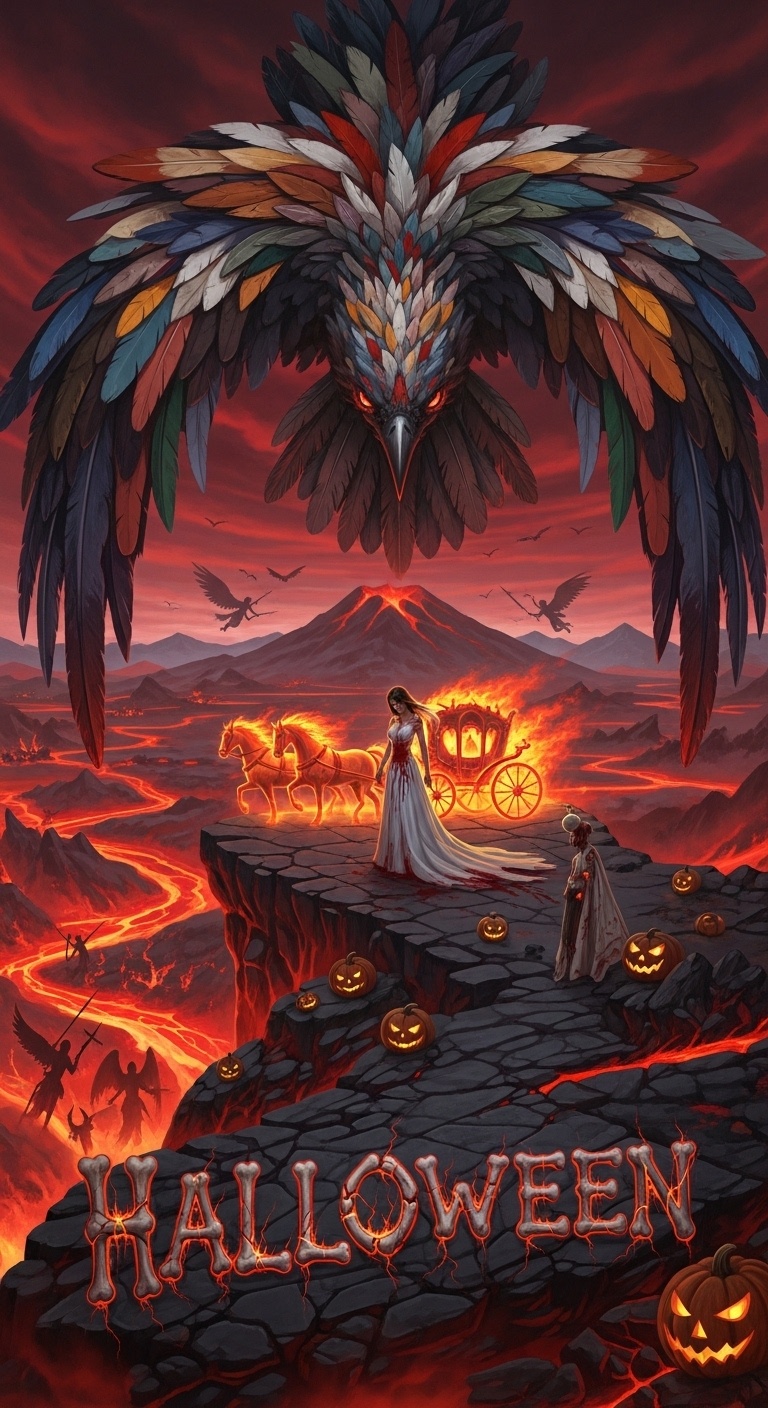 Multicolored Banmao Bird with abstract brushstroke wings hovering above a mountain-top Halloween wedding ceremony