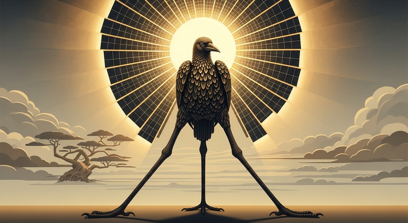 Myth-inspired solar bird art print in a creative studio, blending Ukiyo-e composition with modern digital aesthetics and quiet energy