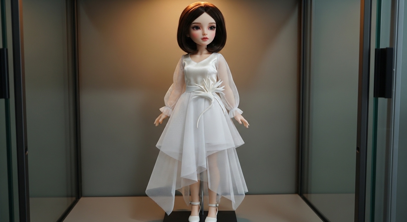 Office desk scene with neutral concrete backdrop, doll illuminated by soft 45-degree warm lamp creating dimensional shadows