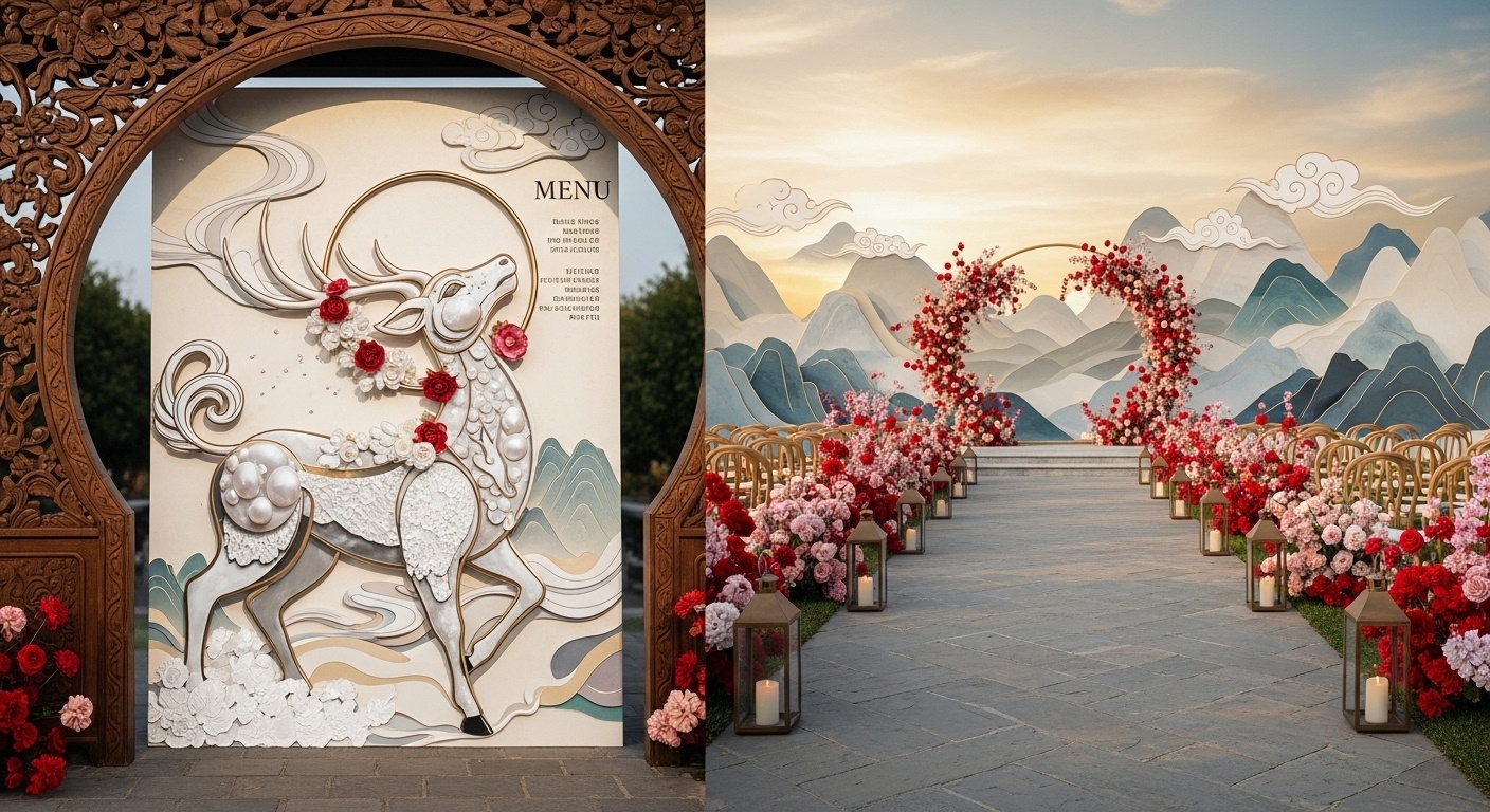 Outdoor ceremony setting with flowing ink-style Qilin wall art integrated into a floral wedding arch structure, designed for couples seeking cultural elegance