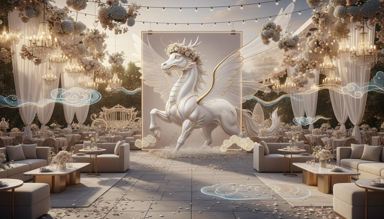 Panoramic Luxury Garden Wedding Lounge with Satin-White Longma Reception Backdrop in Gold Light