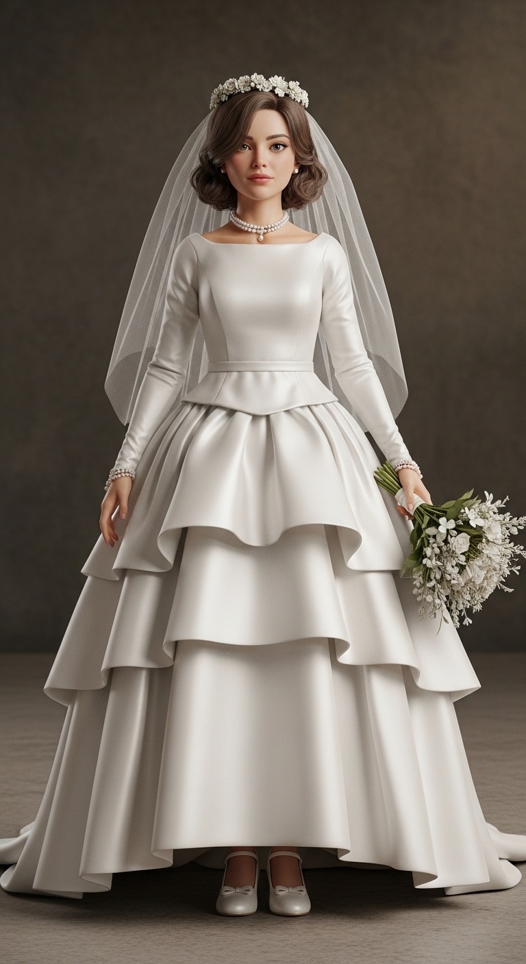 Pastoral bouquet resting against structured couture volume in an ivory-toned wedding backdrop