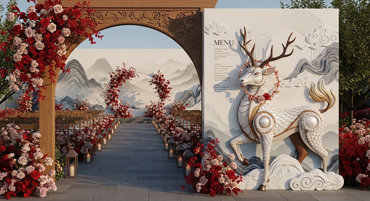 Refined open-air banquet scene with mountains and cloud motifs painted behind a sculptural Qilin poster used as a sophisticated reception focal wall