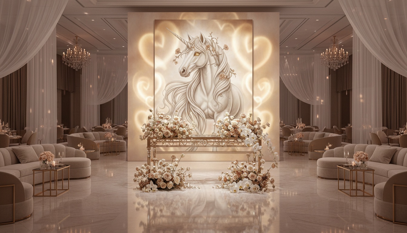 A wide reception view featuring a crystal-lit vow table, abundant florals, and a warm-toned mythical unicorn poster designed for modern romantic wedding inspiration.