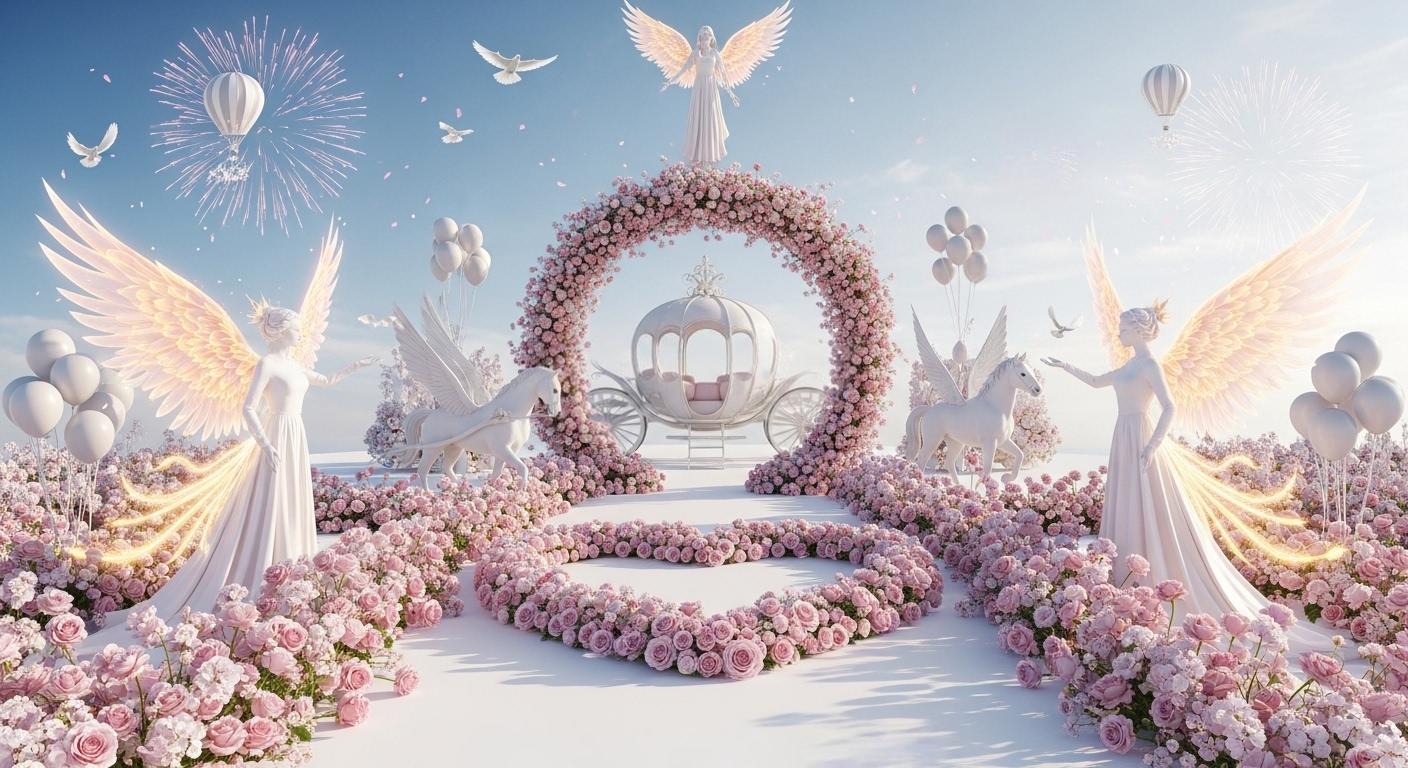 Romantic air wedding background featuring a floral aisle, angelic arch, and gentle mythical figures framing the scene