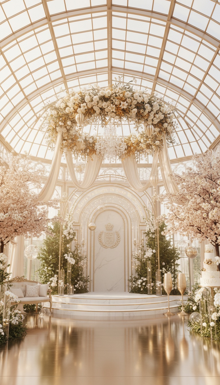 Romantic spring wedding backdrop with sage-green floral walls, gold-trimmed aisle carpet, and halo lighting aligned for formal engagement session posing
