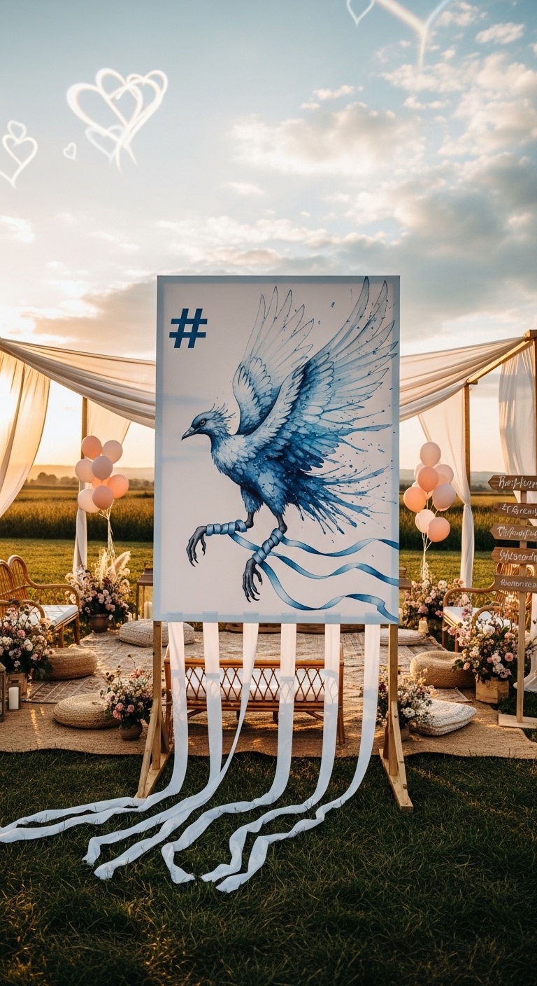 Romantic sunset reception scene with balloon releases and dynamic gradient bird poster enhancing a whimsical communication-themed wedding
