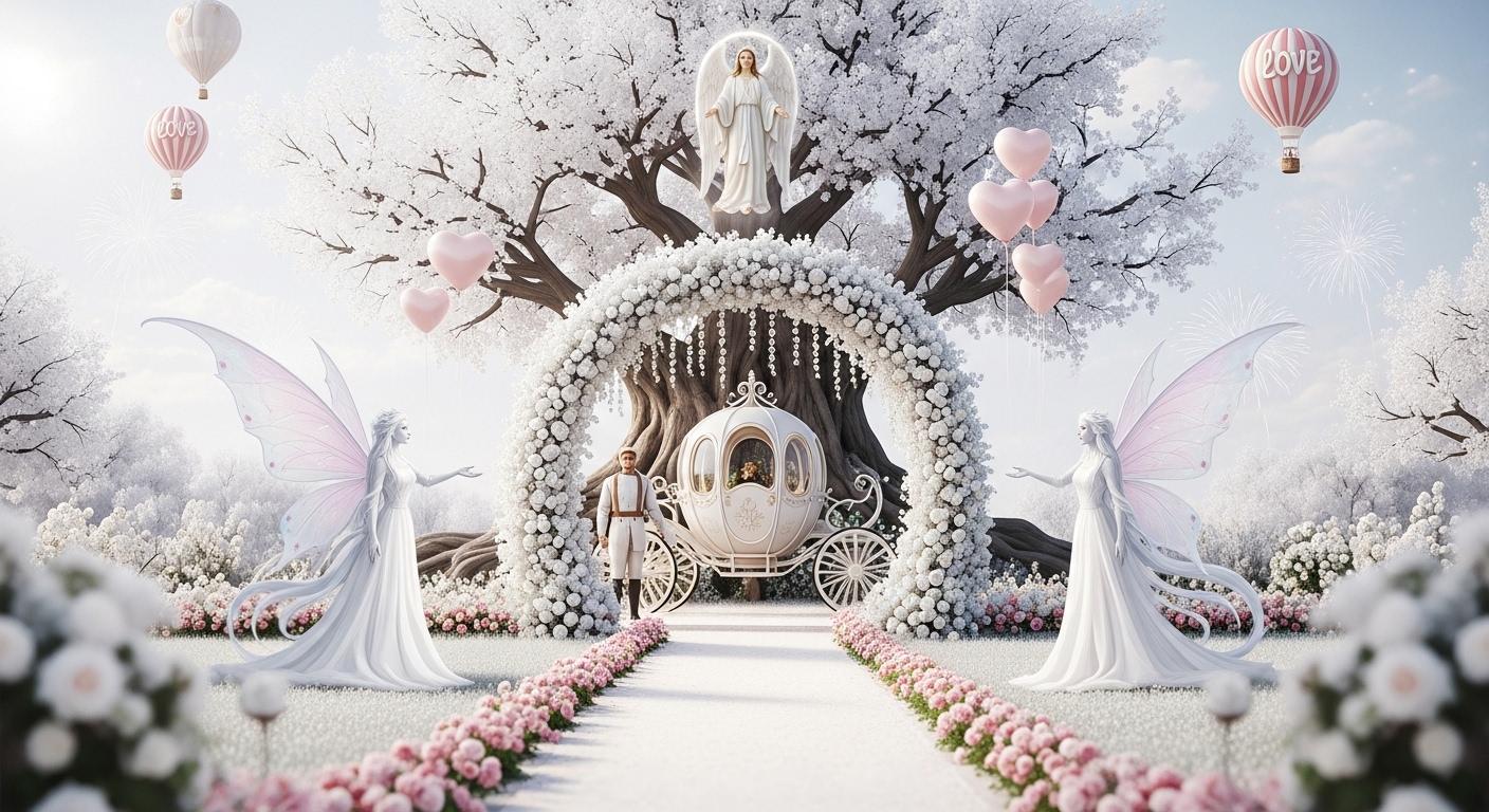 Soft fantasy treehouse wedding backdrop combining floral elements, love balloons, and a gentle moonlit atmosphere for studio photography